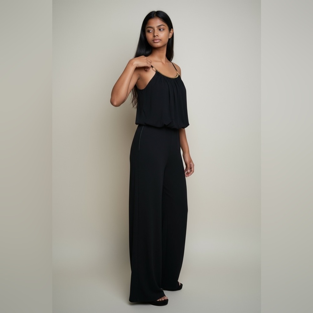 Emma and Michelle, navy sleeveless jumpsuit elastic waste, gold necklace, large